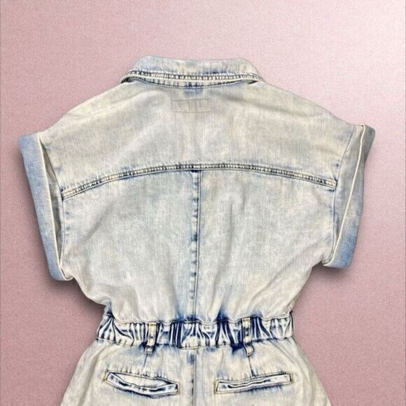 BlankNyc Rompers Womens Sz XS Acid Wash Blue Denim Short Sleeve Pockets Jumpsuit - Picture 5 of 12
